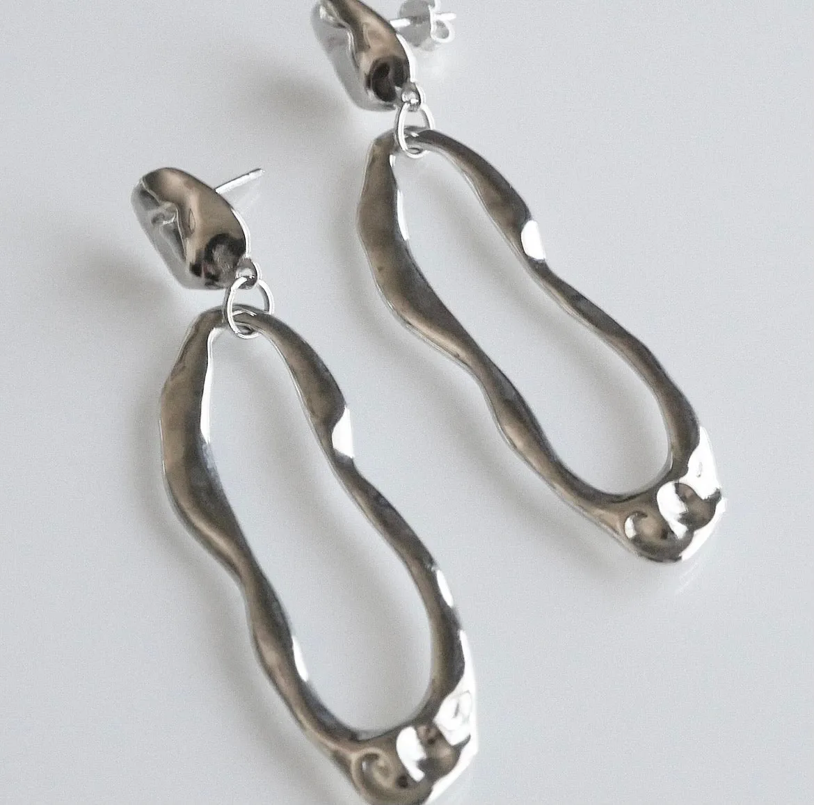 Open Oval Hammered Statement Long Earrings .925 sterling silver