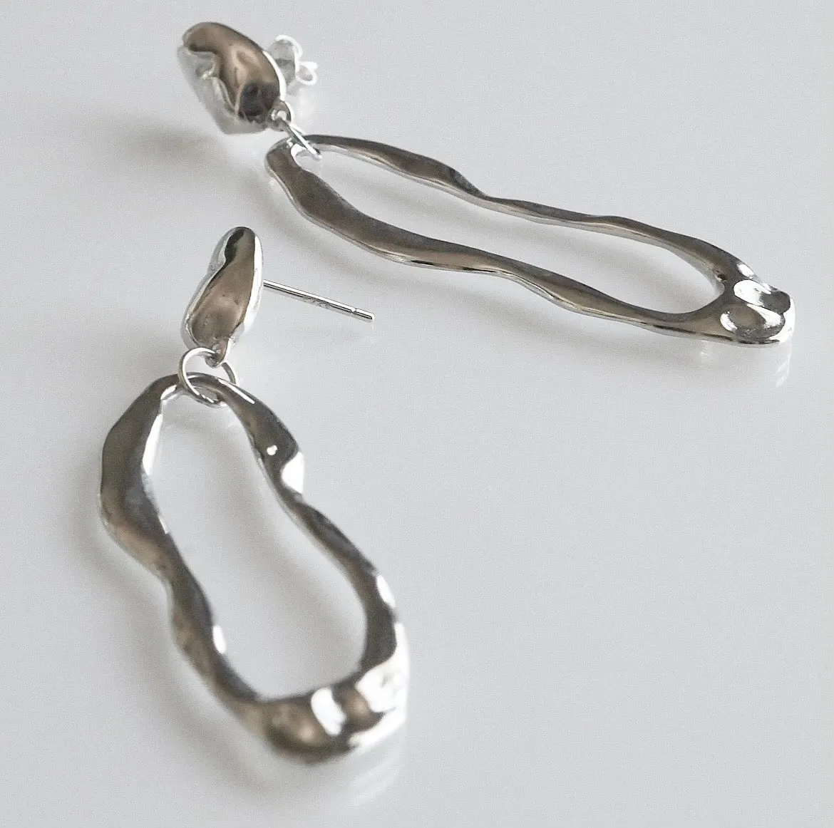 Open Oval Hammered Statement Long Earrings .925 sterling silver