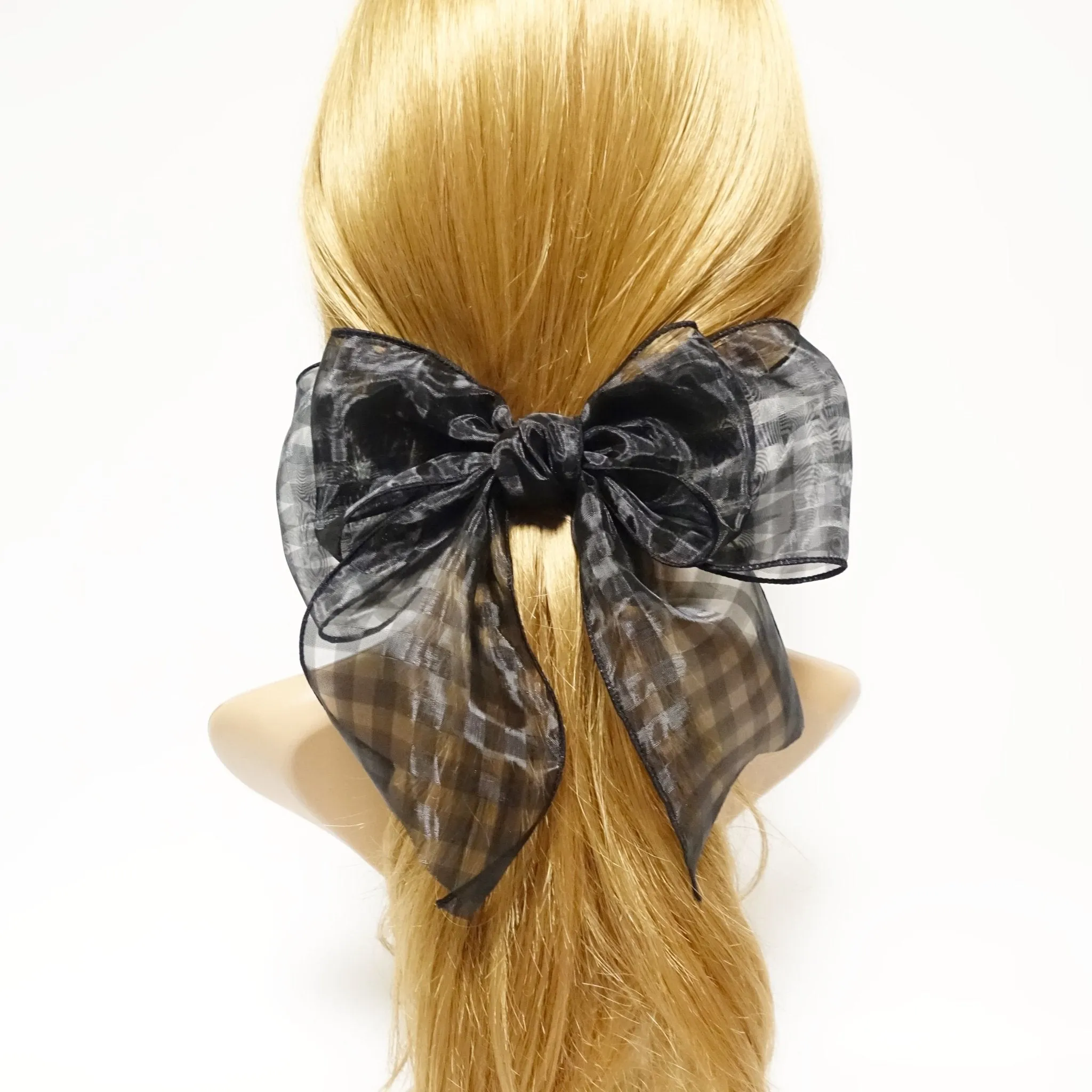 Organdy Fine Mesh Check Solid Big Bow French Hair Barrette for Women