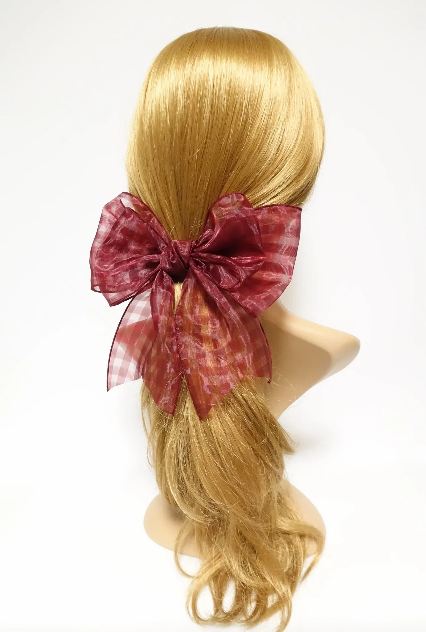 Organdy Fine Mesh Check Solid Big Bow French Hair Barrette for Women