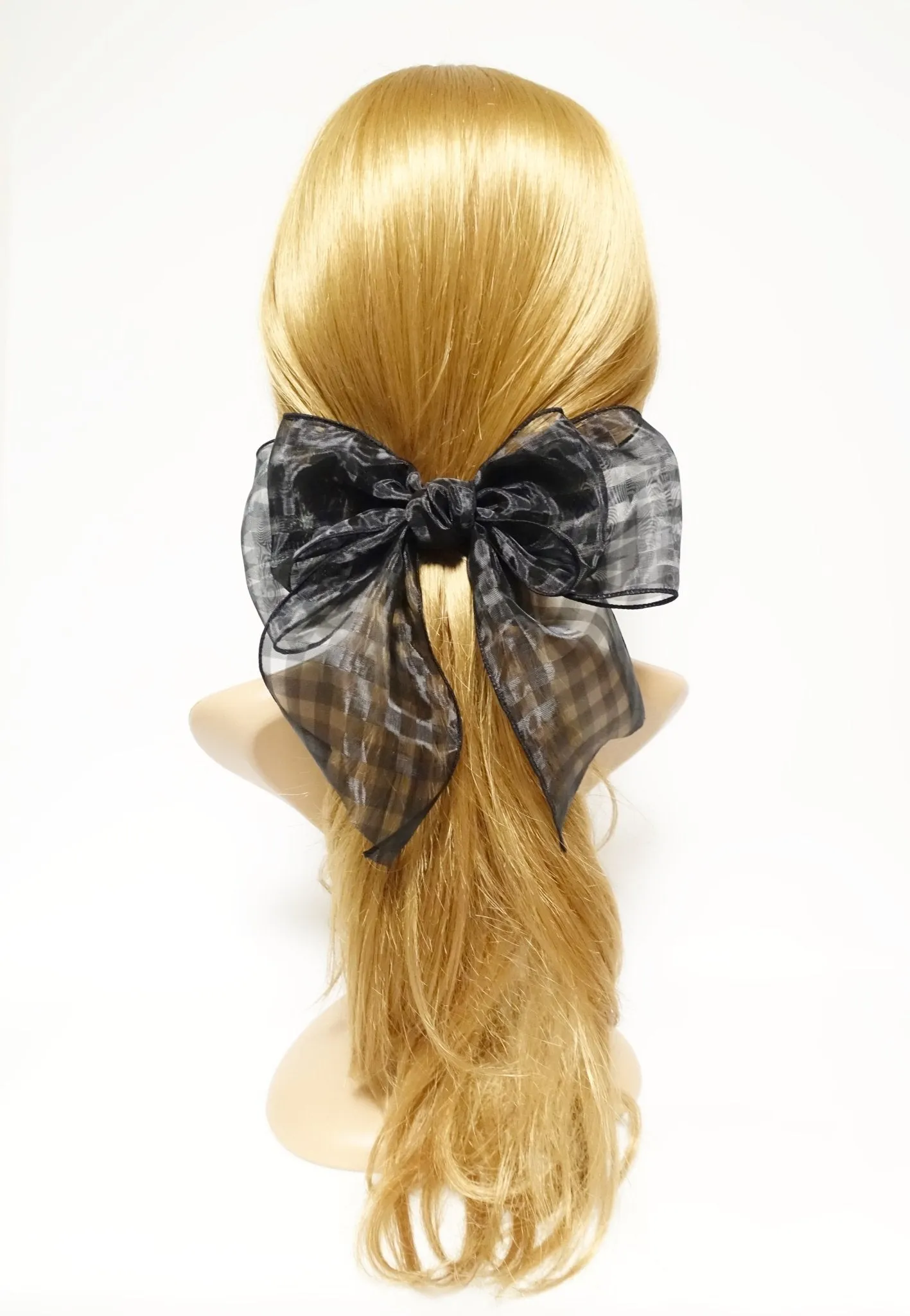 Organdy Fine Mesh Check Solid Big Bow French Hair Barrette for Women