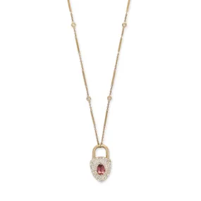 PAVE   BAGUETTE DIAMOND GEMSTONE LOCK SMOOTH BAR NECKLACE