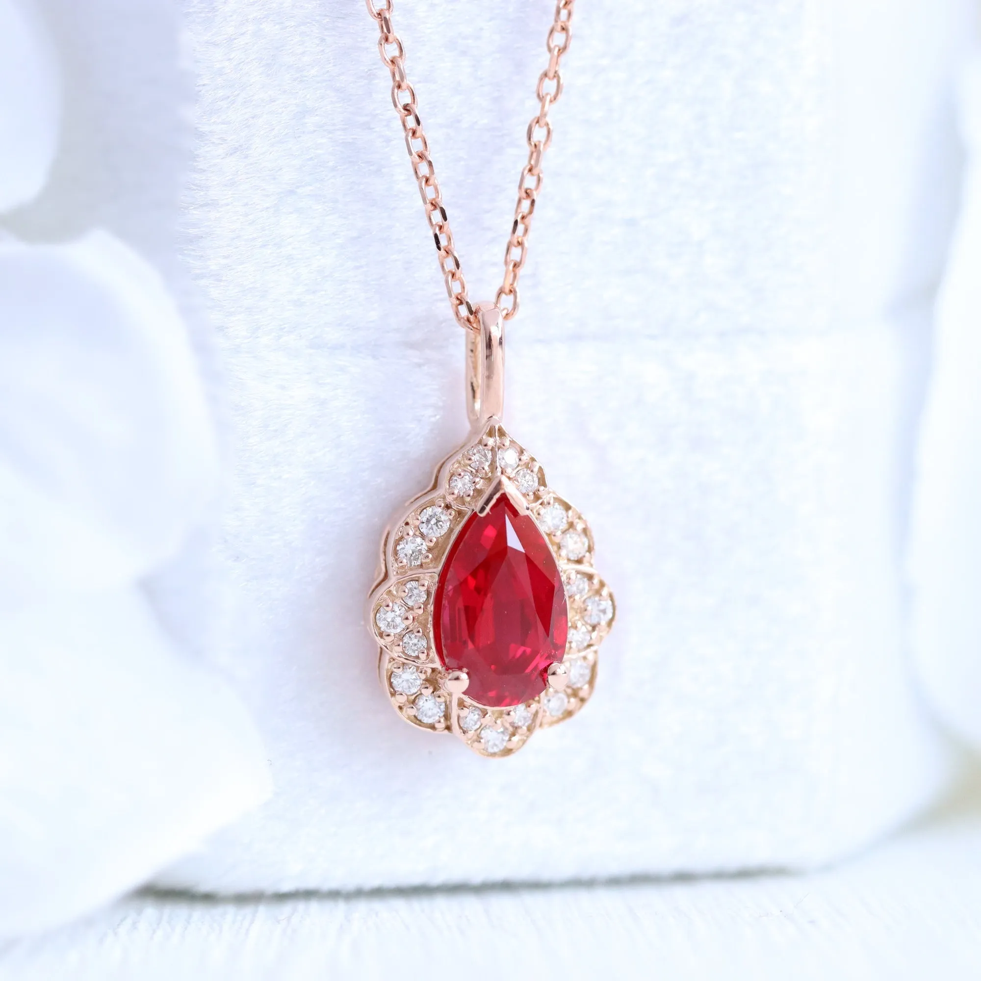 Pear Ruby Diamond Necklace in 14k Gold Vintage Floral Halo Pendant