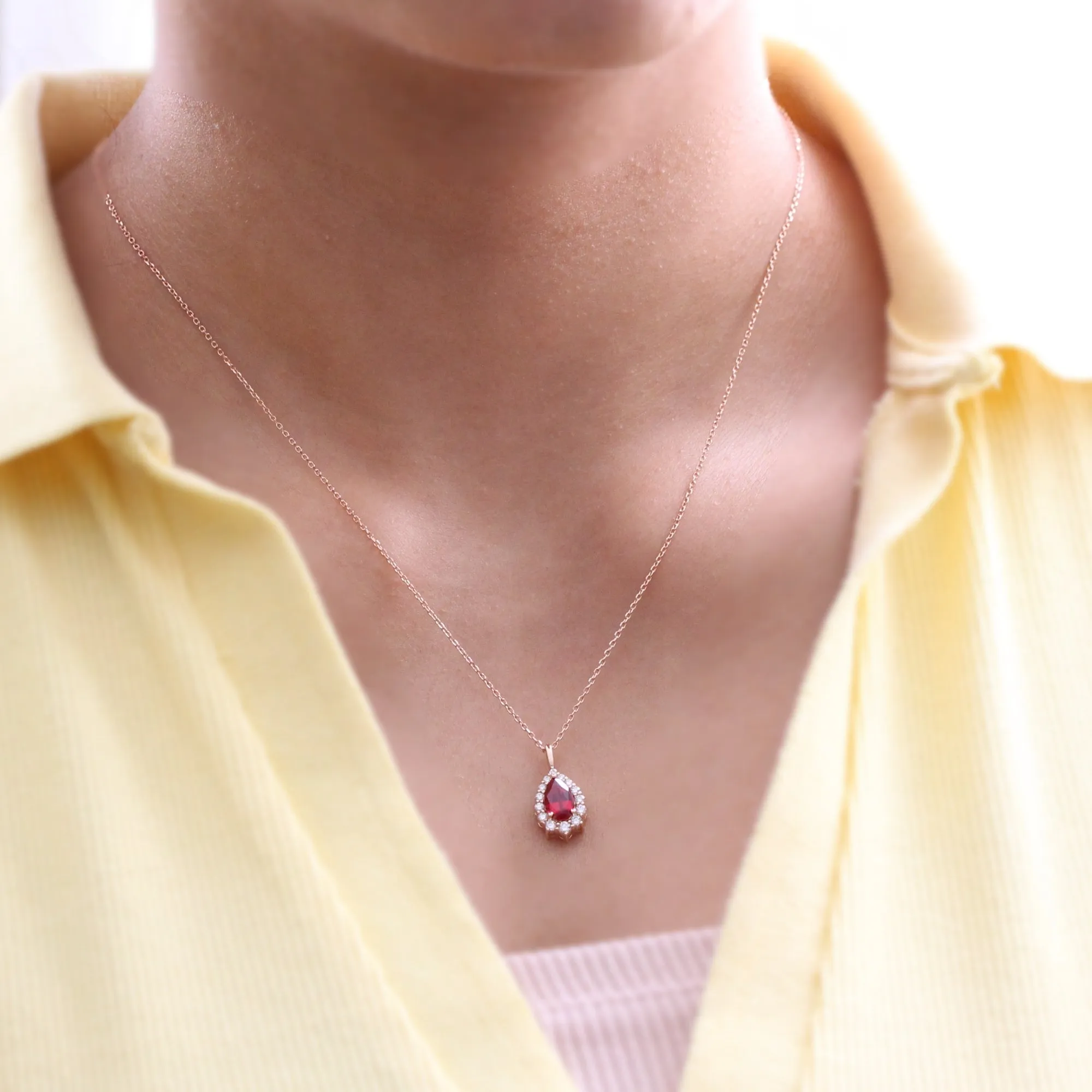 Pear Shaped Ruby Necklace in 14k Gold Tiara Halo Diamond Pendant