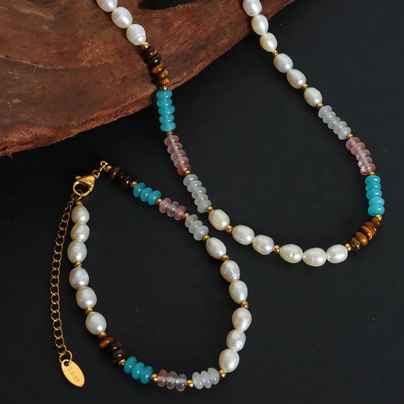 Pearl and Natural Stone Beaded Necklaces Bracelet Set