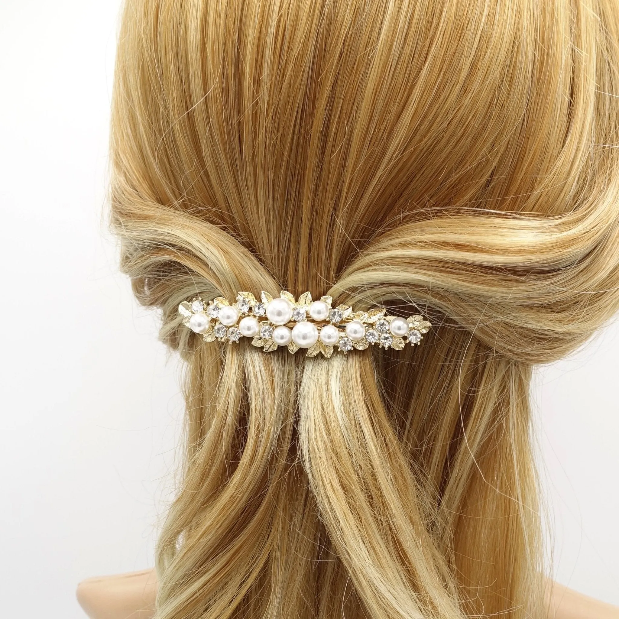 pearl rhinestone embellished stem half french barrette women hair accessory