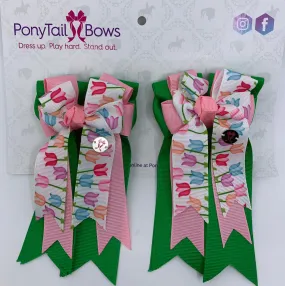 PonyTail Bows- Green Pink Tulips