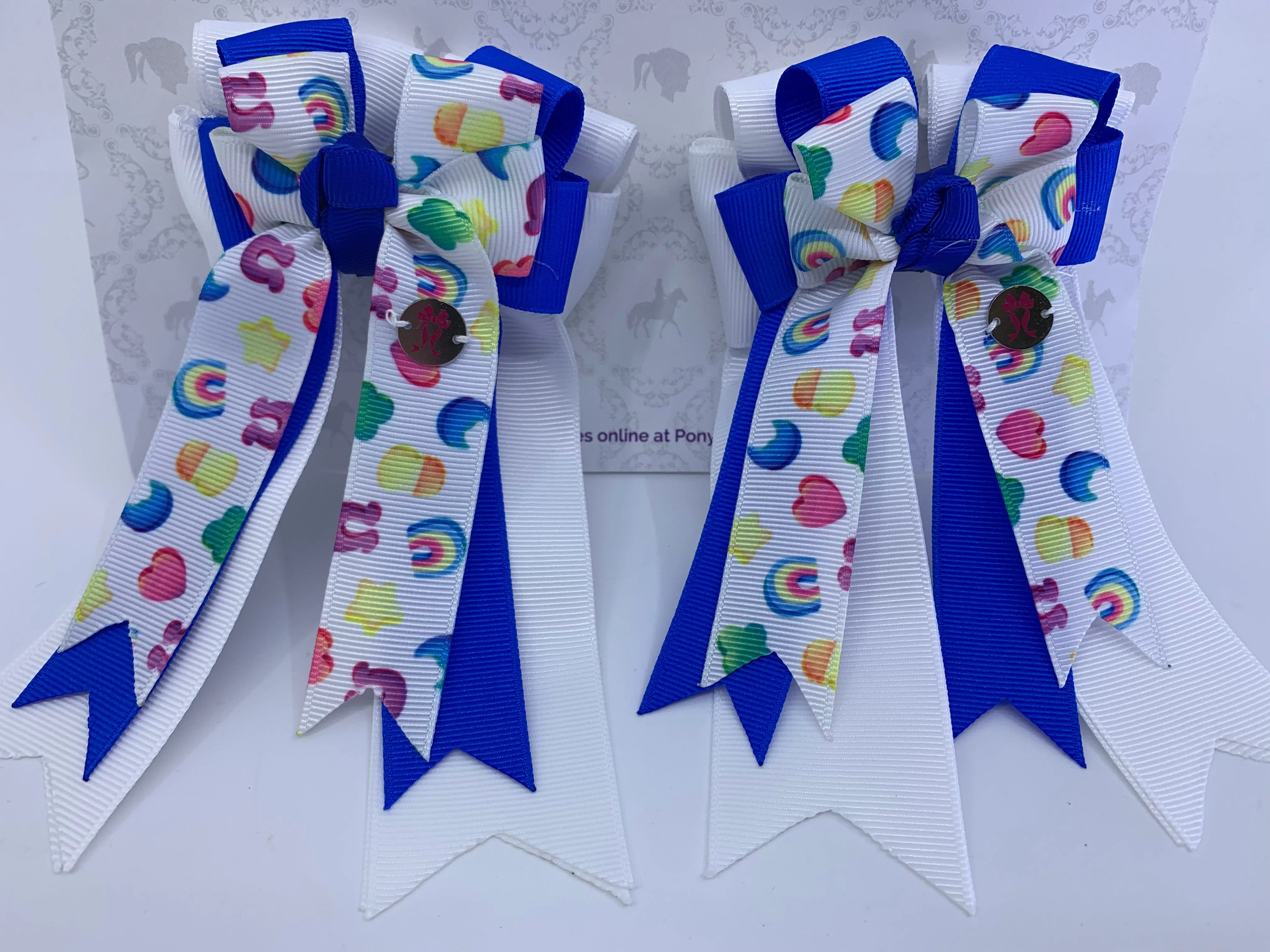 PonyTail Bows- White/Blue Lucky Charms