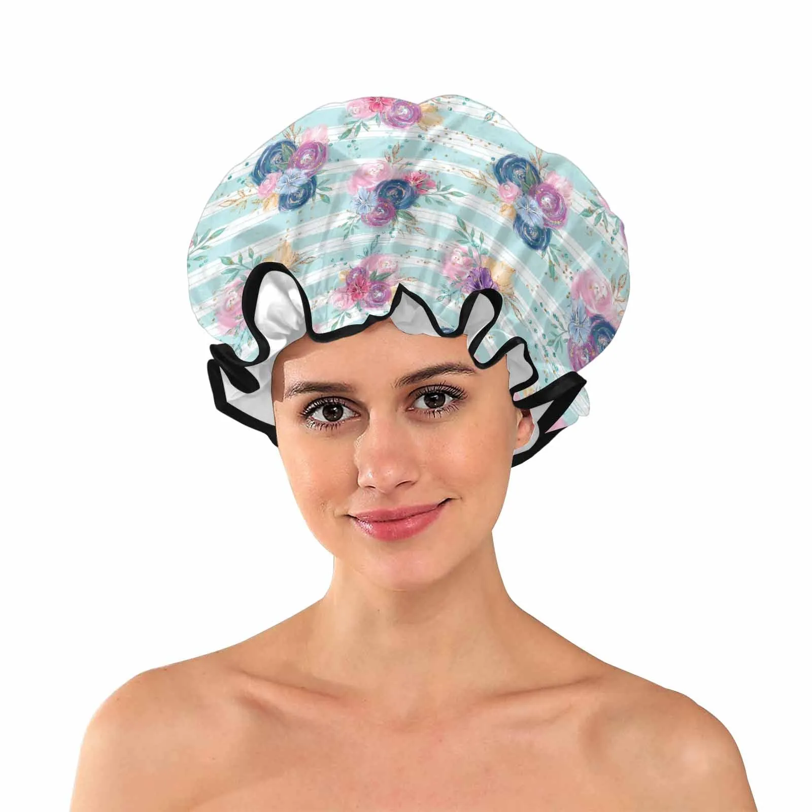 Purple and Pink floral Blue Stripes  Shower Cap