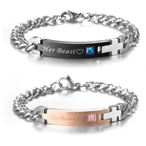 "His Beauty" & "Her Beast" Titanium Couples Bracelet-Crystal Charm & Cross