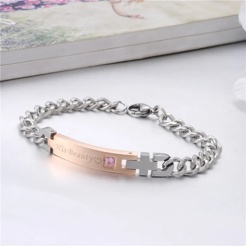 "His Beauty" & "Her Beast" Titanium Couples Bracelet-Crystal Charm & Cross