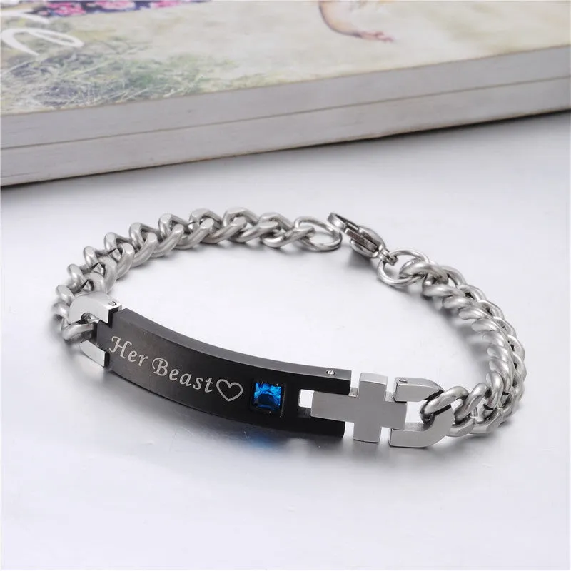 "His Beauty" & "Her Beast" Titanium Couples Bracelet-Crystal Charm & Cross