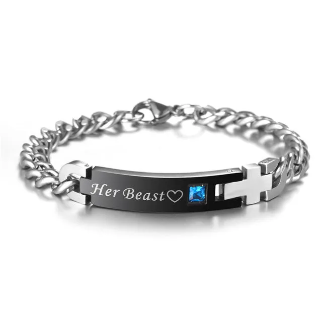 "His Beauty" & "Her Beast" Titanium Couples Bracelet-Crystal Charm & Cross