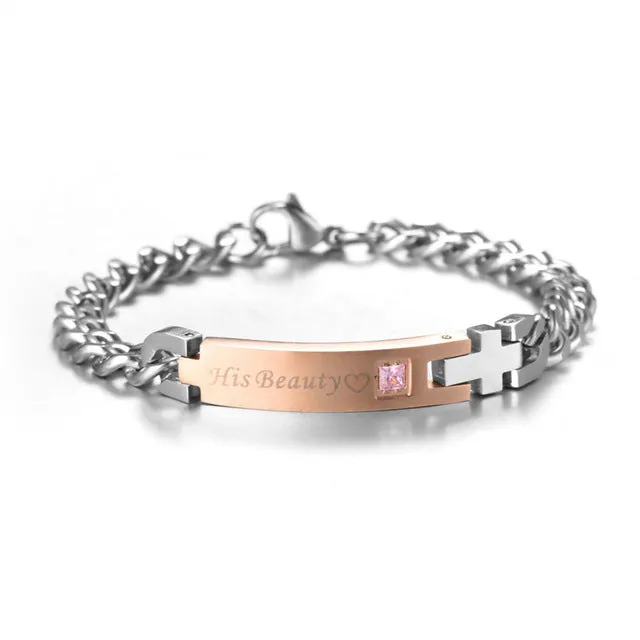 "His Beauty" & "Her Beast" Titanium Couples Bracelet-Crystal Charm & Cross