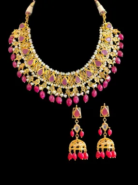 RAKIBA gold plated silver necklace set in ruby with fresh water pearls ( READY TO SHIP )