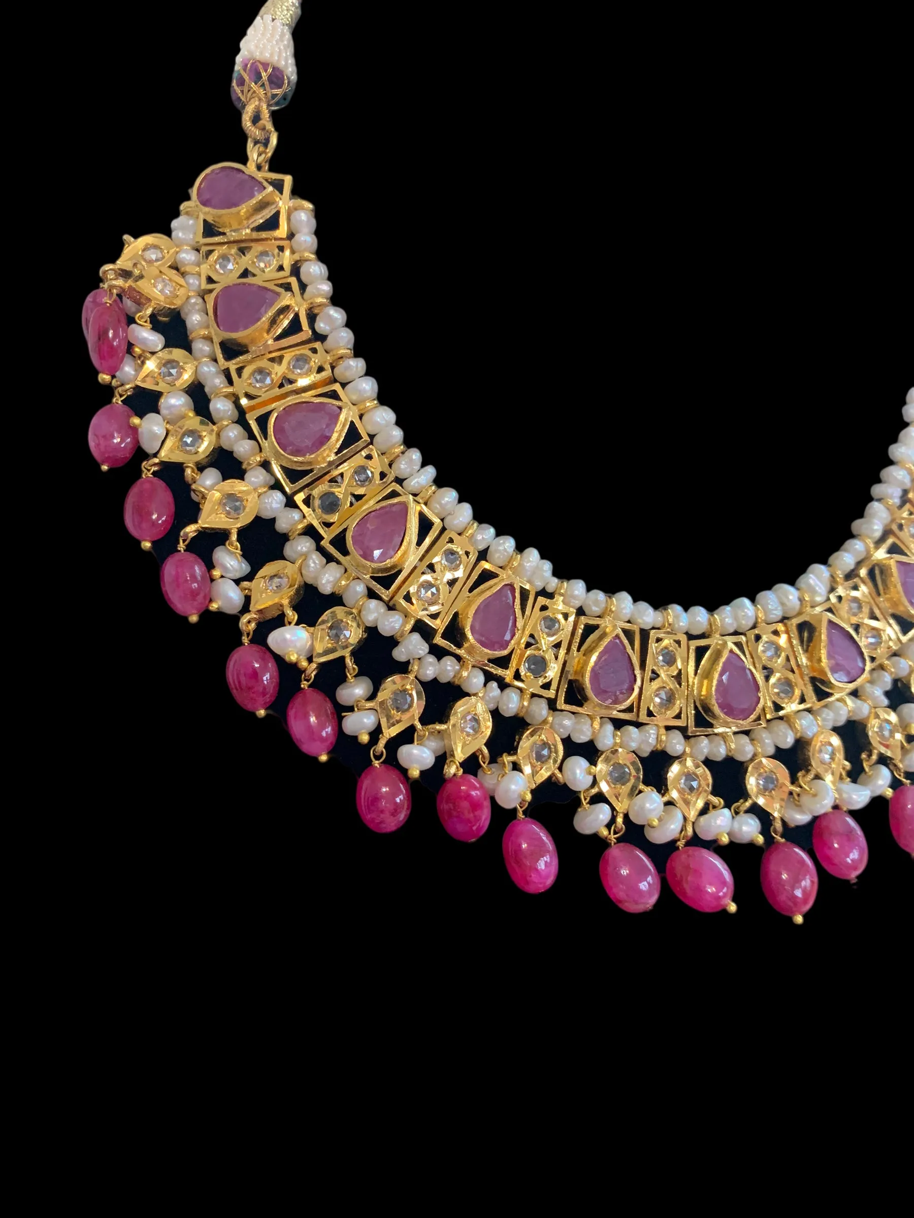 RAKIBA gold plated silver necklace set in ruby with fresh water pearls ( READY TO SHIP )