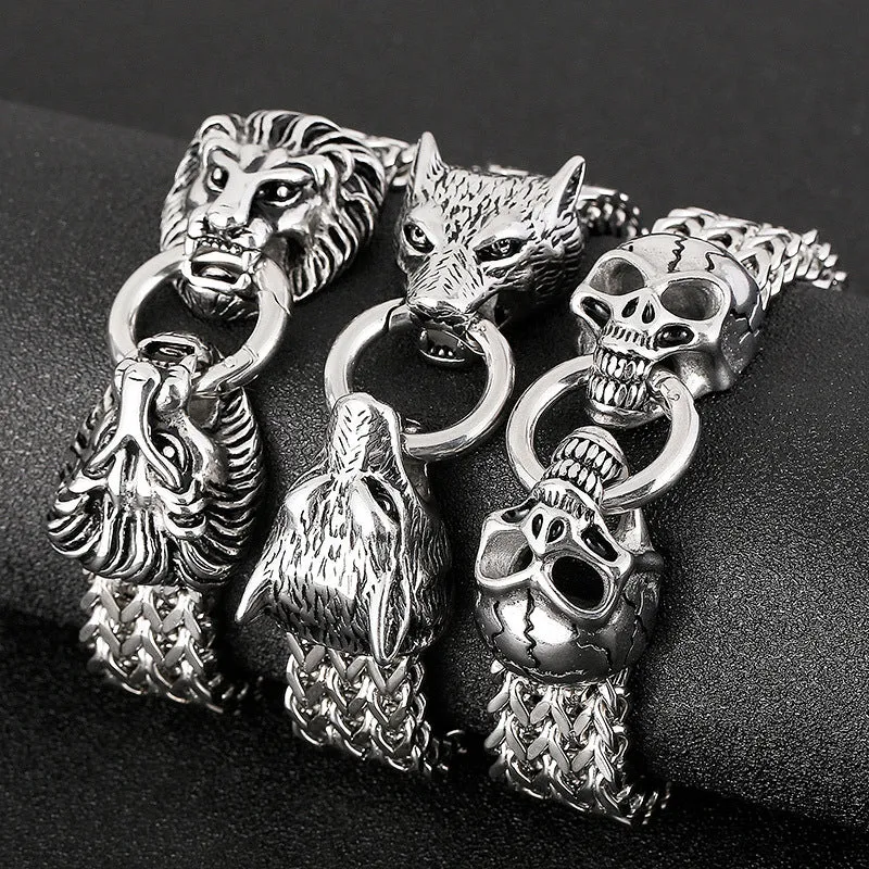 Rebellious Titan: Punk Hipster Skull and Animal Motif Bracelet for Men