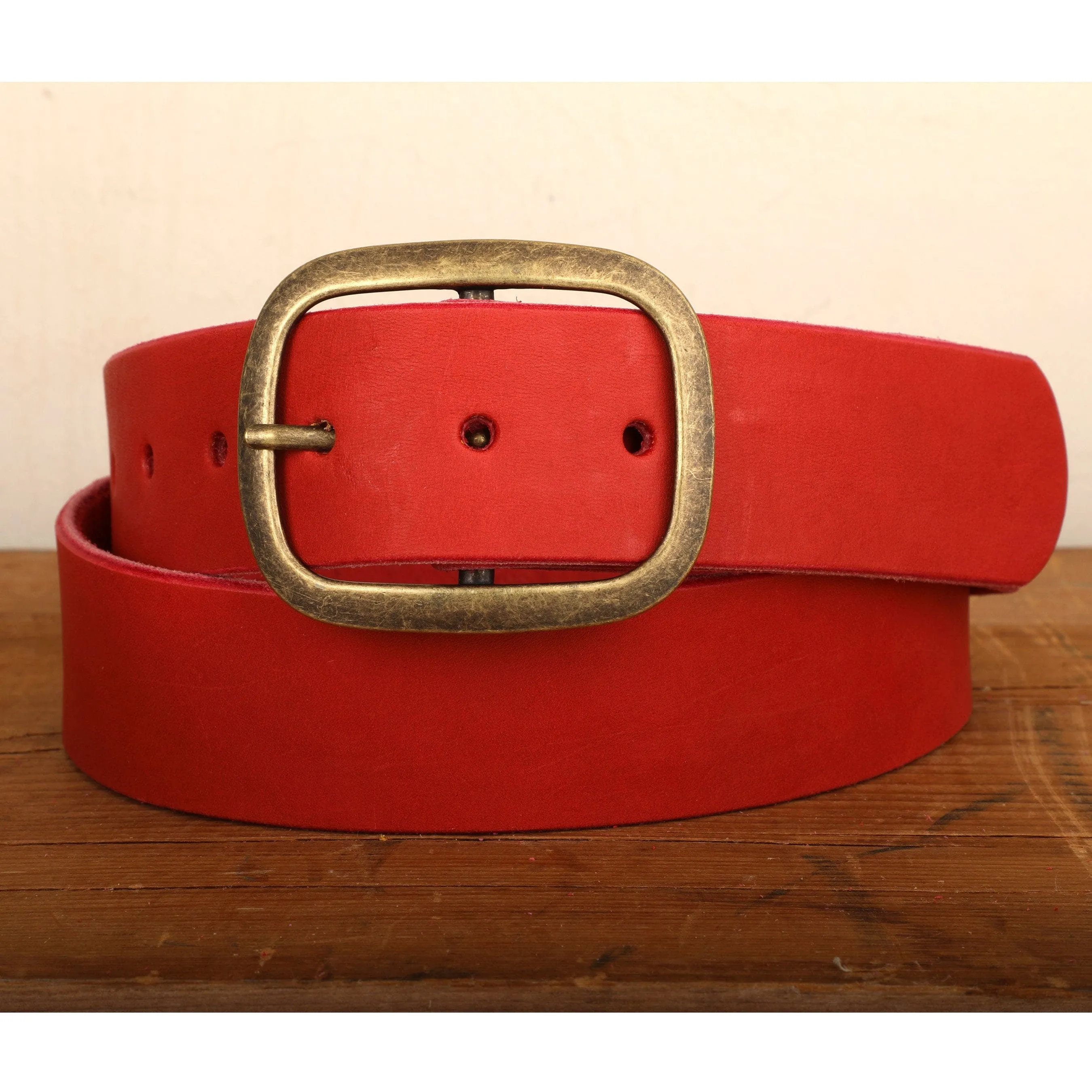 Red Leather Belt with Antique Brass Buckle