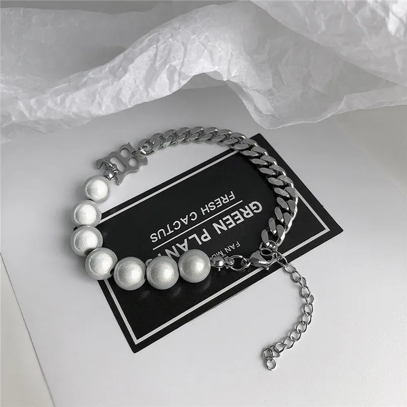 Reflective Titanium Steel Pearl Letter Bracelet