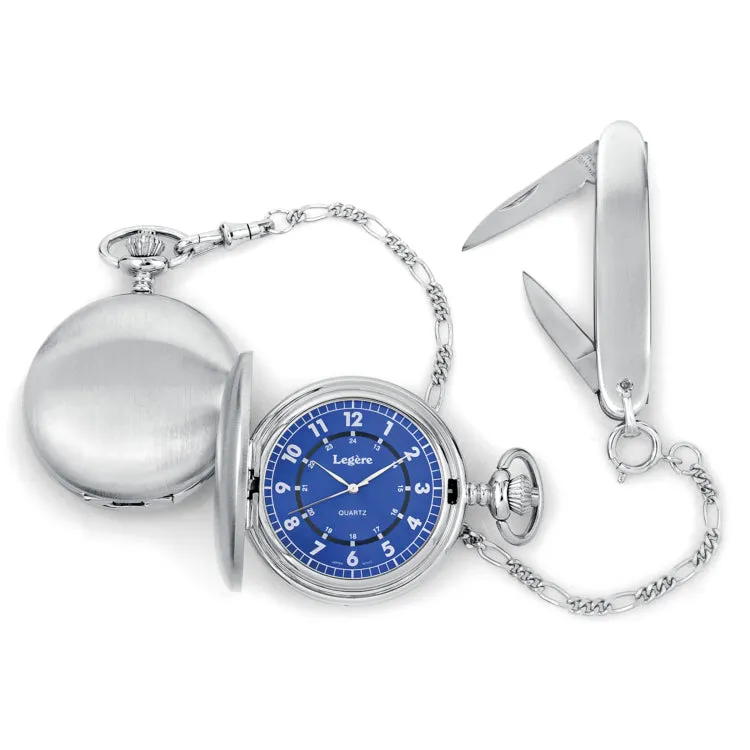 Rhodium Finish Large Satined Watch White/Blue Dial Knife & Chain Set