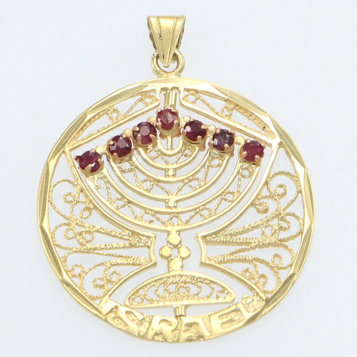 Rotating Menorah Hanukkah Chanukiah Judaica Sapphire Ruby Necklace Pendant 14k