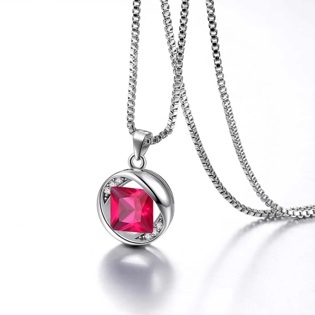 Round Birthstone July Ruby Necklace Pendant Women Girls Jewelry Birthday Gift