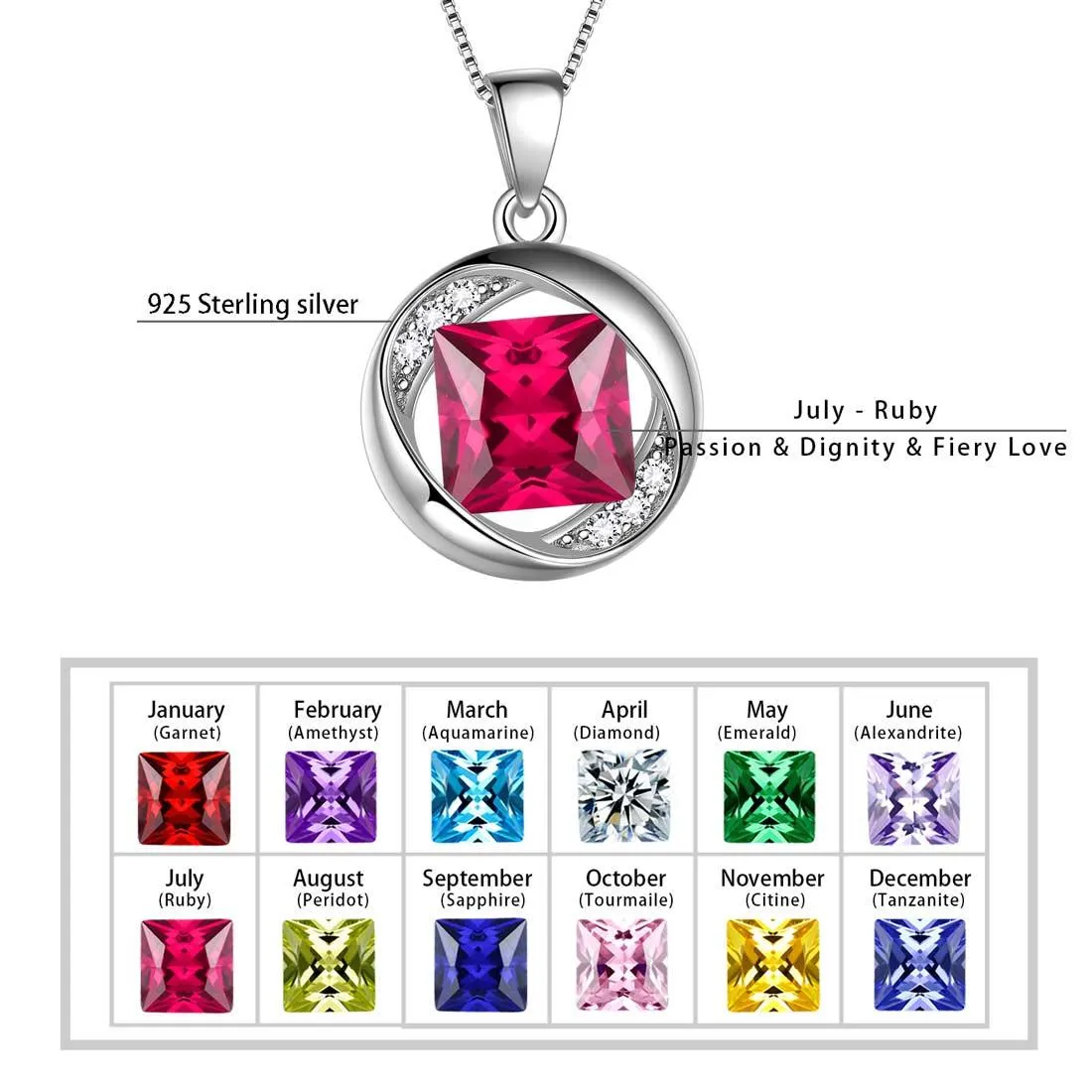 Round Birthstone July Ruby Necklace Pendant Women Girls Jewelry Birthday Gift