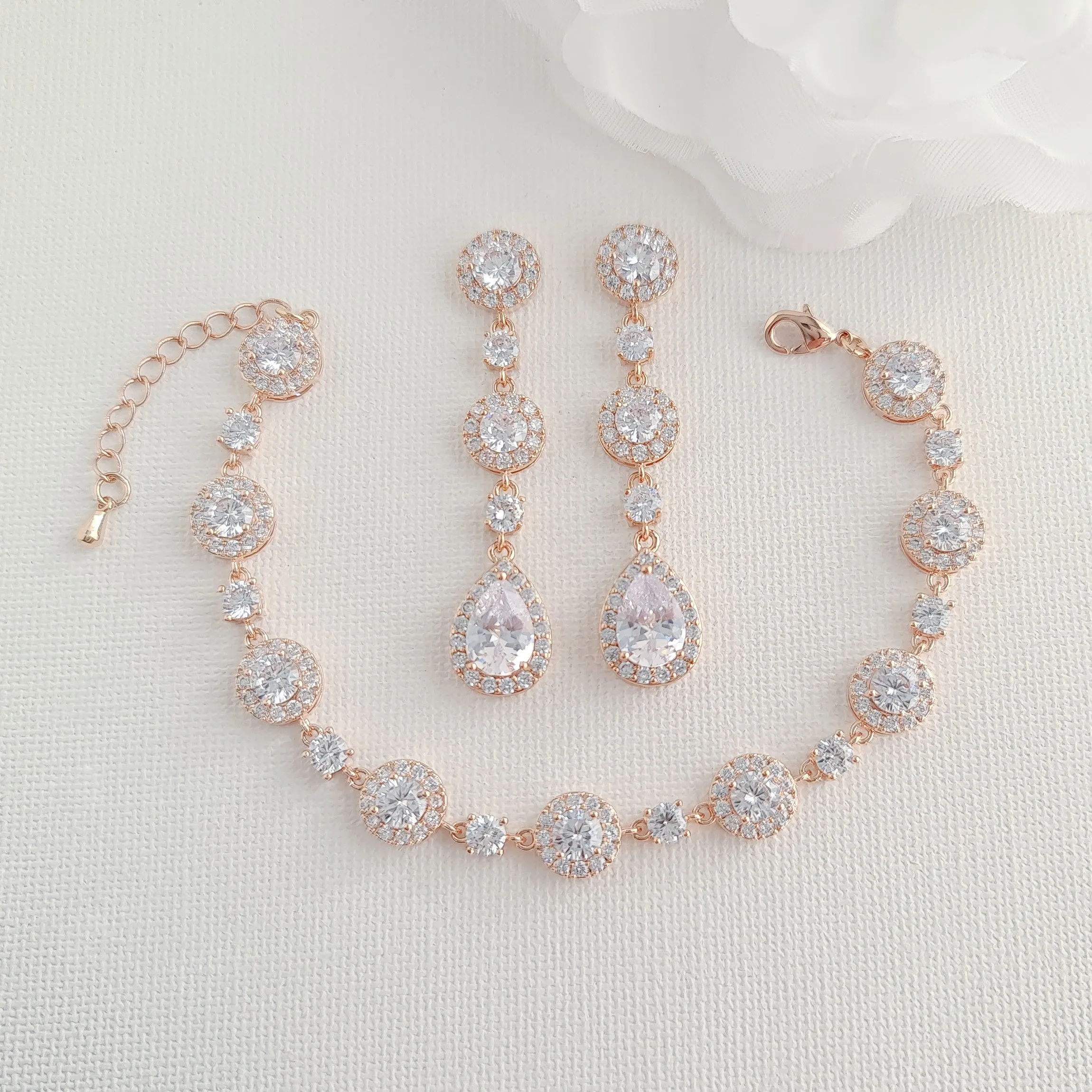 Round Halo CZ Bracelet and Earrings Set for Brides-Reagan