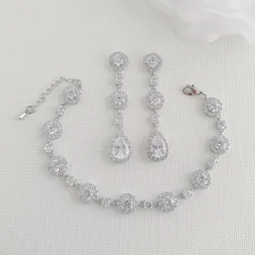 Round Halo CZ Bracelet and Earrings Set for Brides-Reagan