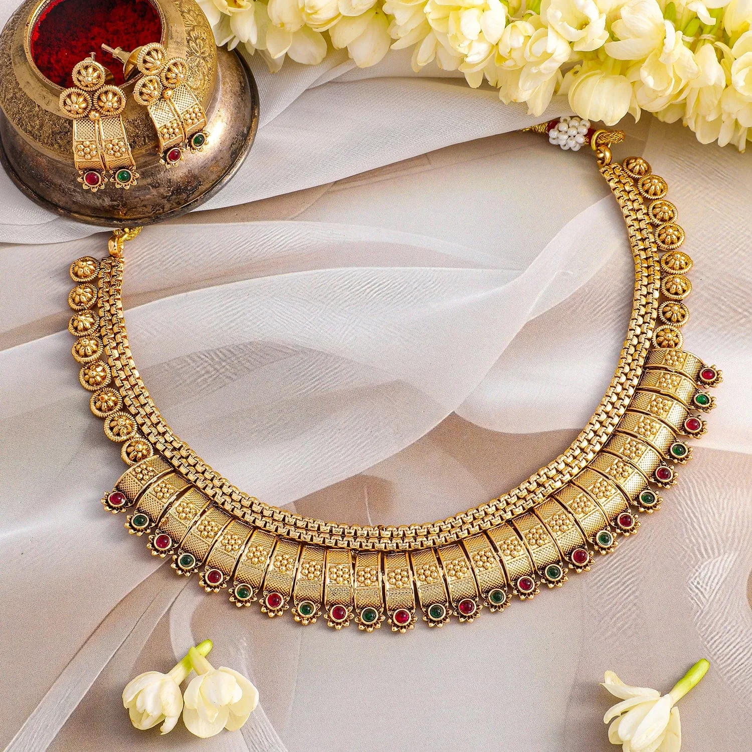 Rubans 22K Gold-Plated Ruby & Emerald Stones Handcrafted Traditional Necklace Set