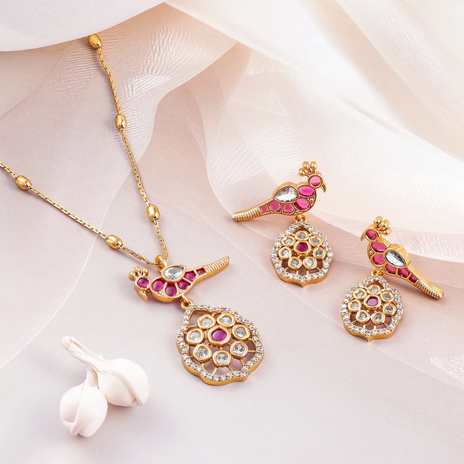 Rubans 22K Gold-Plated Ruby & Kundan with Cubic Zicronia Studded Peacock Design Necklace Set