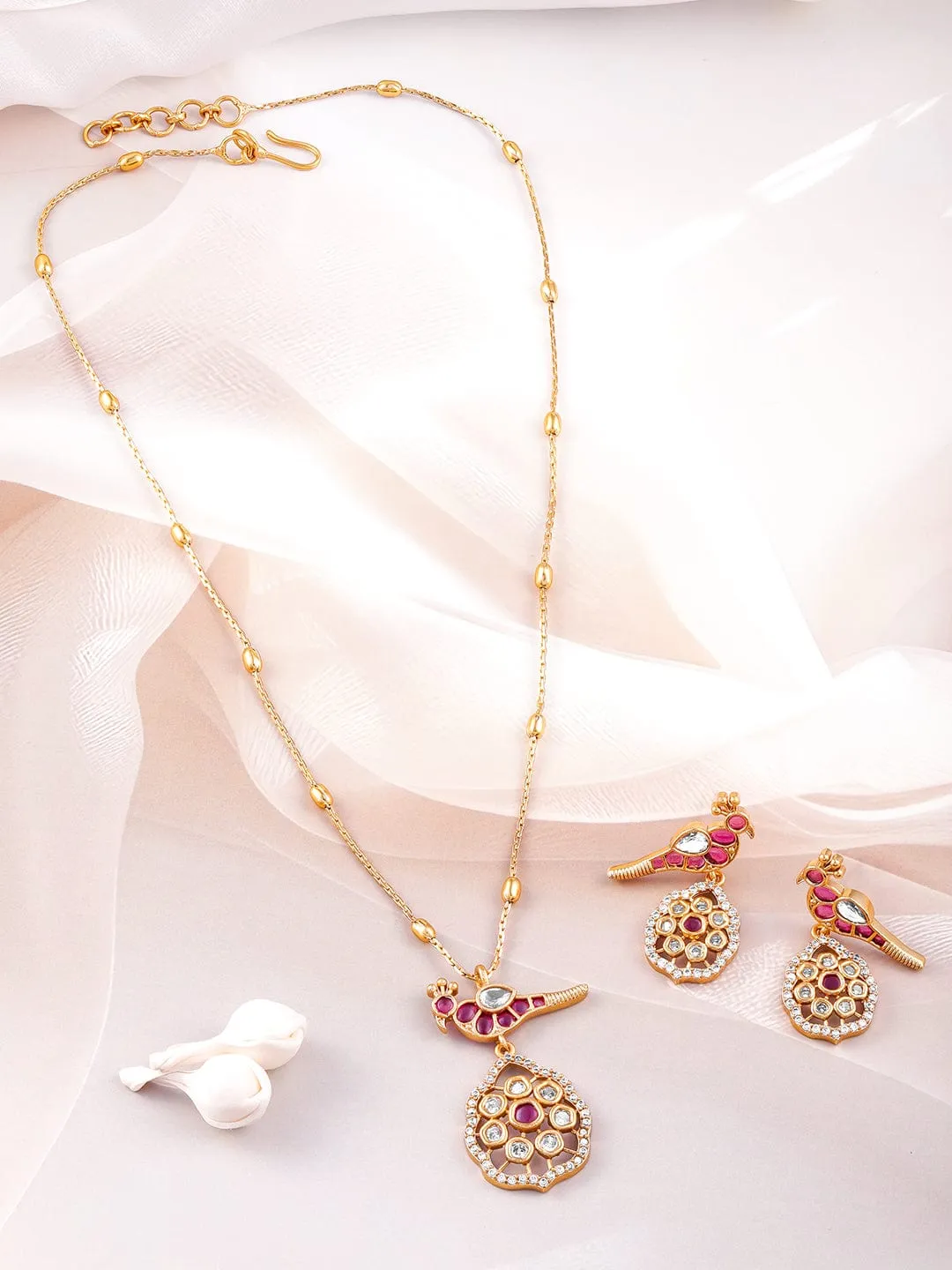 Rubans 22K Gold-Plated Ruby & Kundan with Cubic Zicronia Studded Peacock Design Necklace Set