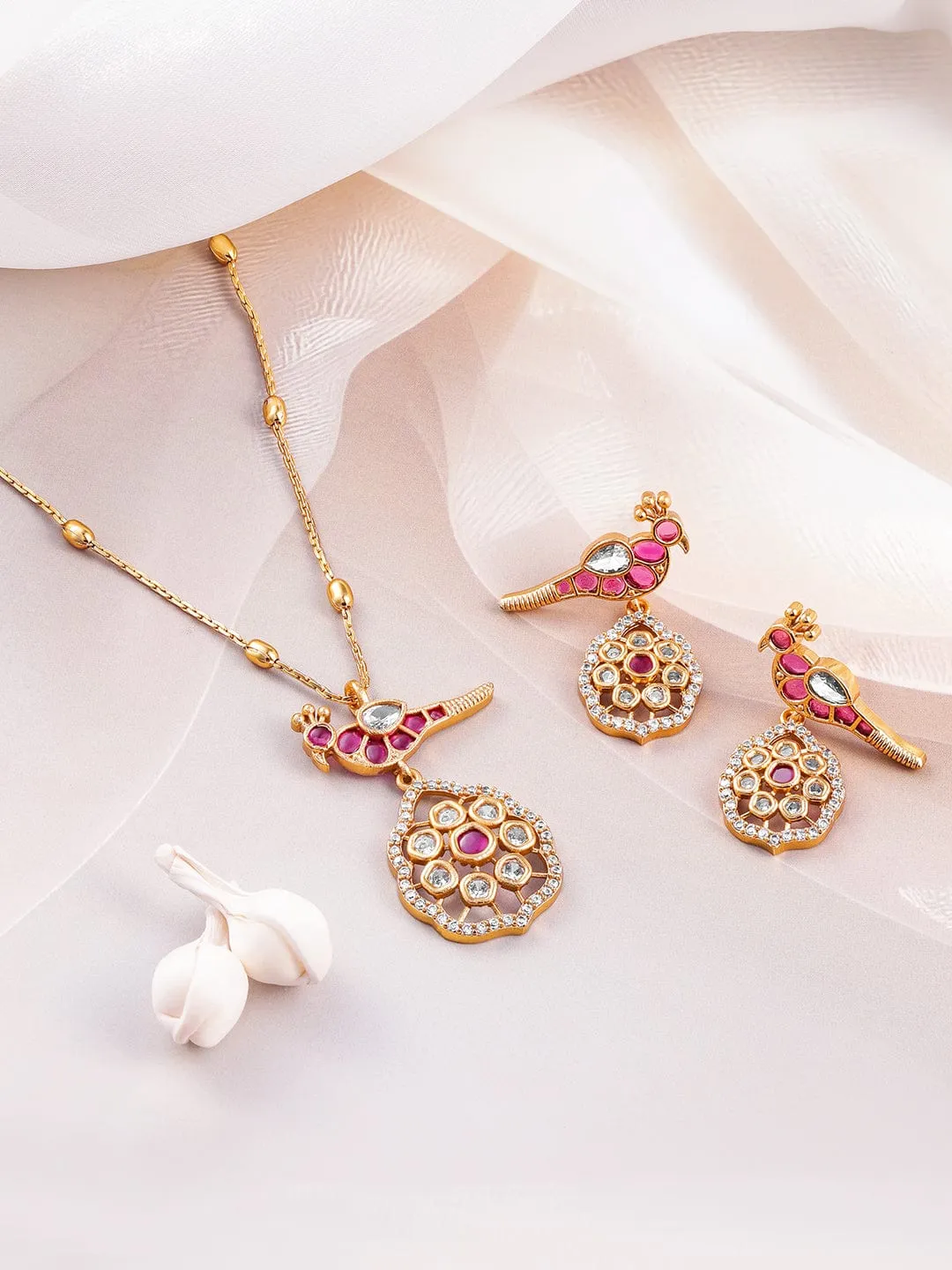 Rubans 22K Gold-Plated Ruby & Kundan with Cubic Zicronia Studded Peacock Design Necklace Set