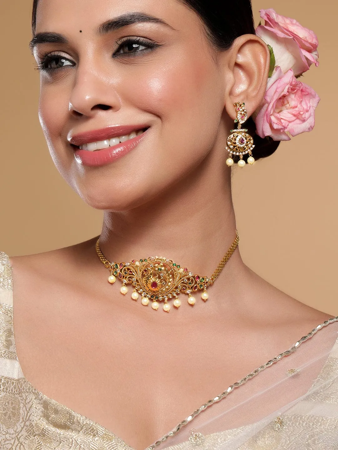 Rubans 22K Gold-Plated Ruby, Emerald & Zirconia Studded Temple Choker Set with Pearl Drops