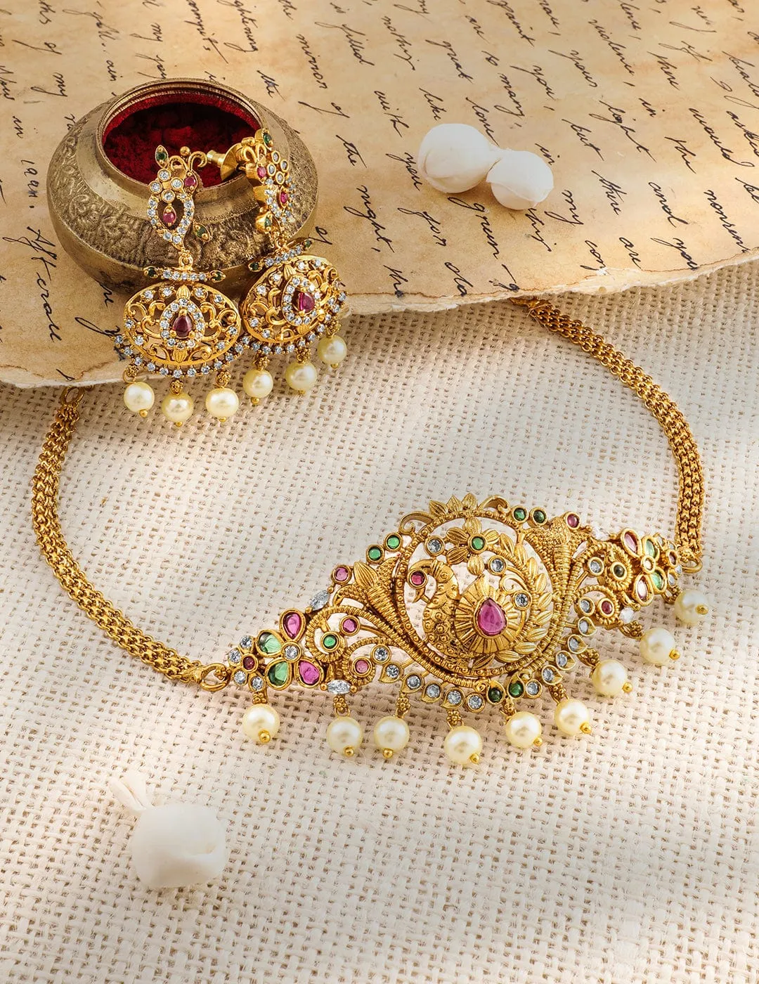 Rubans 22K Gold-Plated Ruby, Emerald & Zirconia Studded Temple Choker Set with Pearl Drops