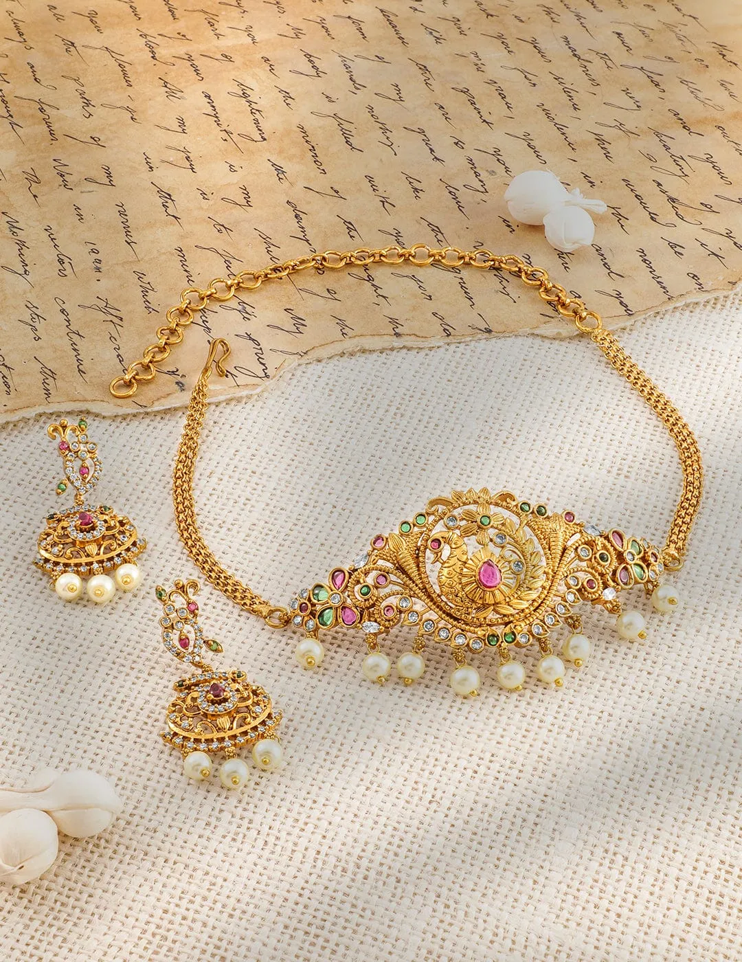 Rubans 22K Gold-Plated Ruby, Emerald & Zirconia Studded Temple Choker Set with Pearl Drops