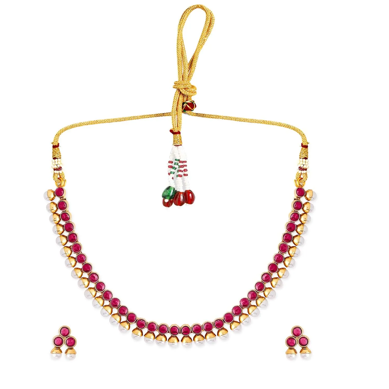 Rubans 22K Gold-Plated Ruby Pink & Pearl Beaded Traditional Jewellery Set