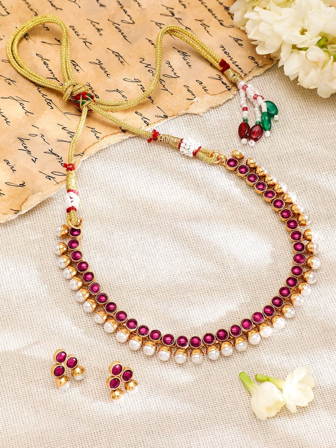 Rubans 22K Gold-Plated Ruby Pink & Pearl Beaded Traditional Jewellery Set