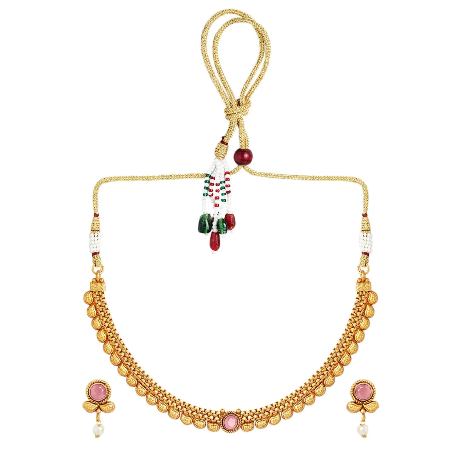 Rubans 22K Gold-Plated Ruby Pink & Pearl Beaded Traditional Necklace Set