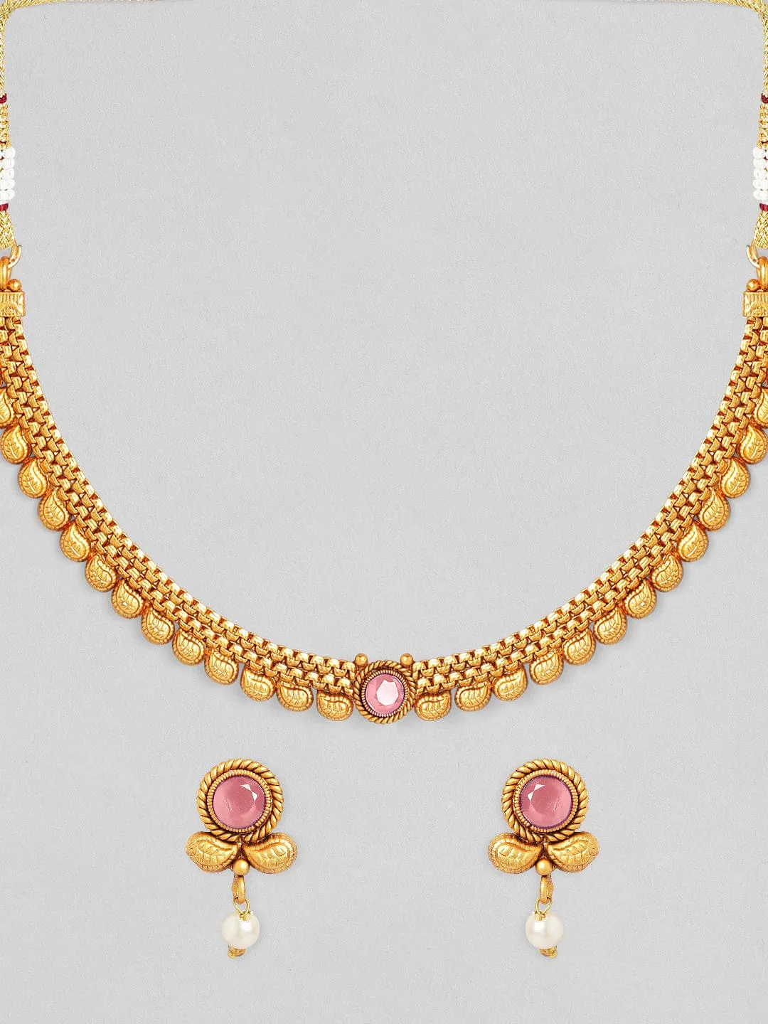 Rubans 22K Gold-Plated Ruby Pink & Pearl Beaded Traditional Necklace Set