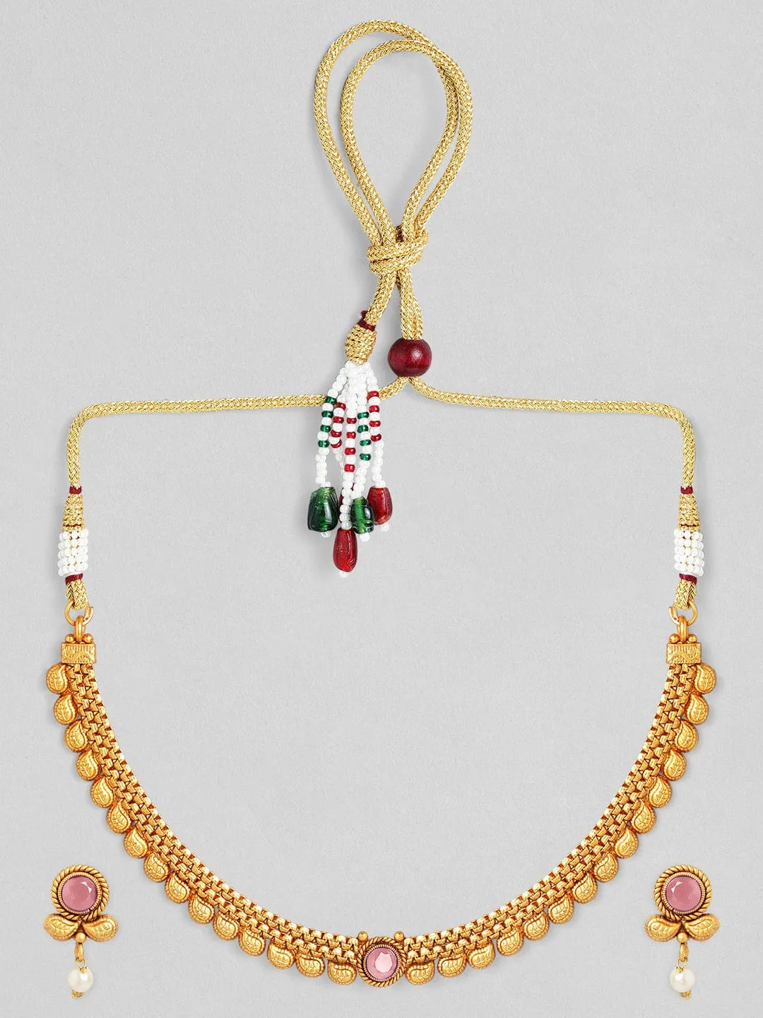 Rubans 22K Gold-Plated Ruby Pink & Pearl Beaded Traditional Necklace Set