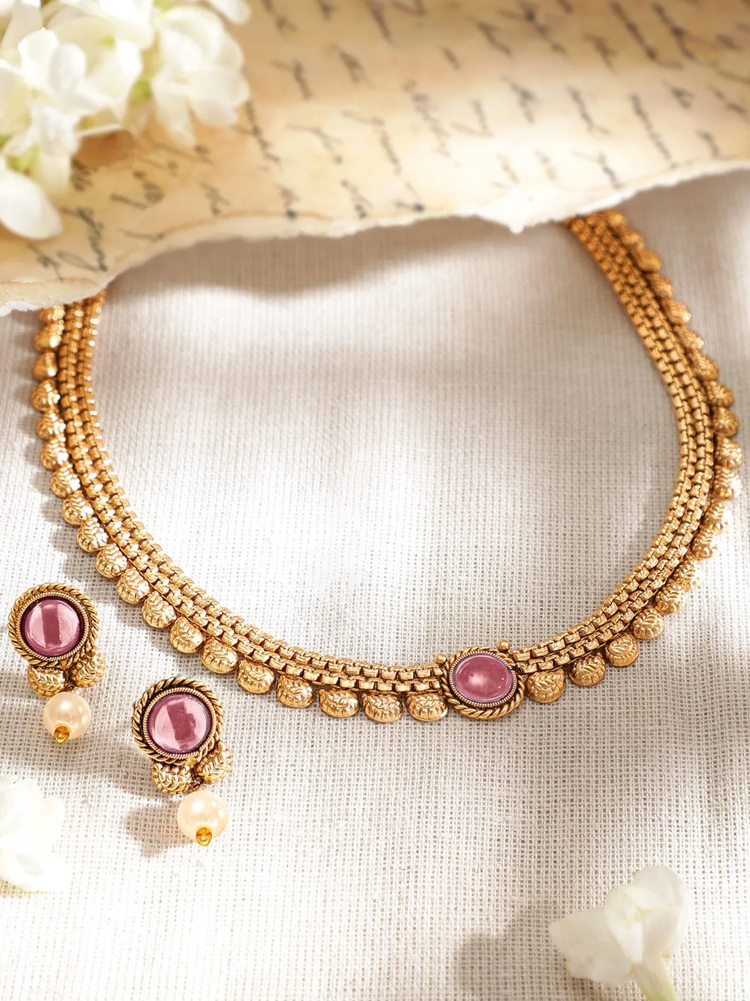 Rubans 22K Gold-Plated Ruby Pink & Pearl Beaded Traditional Necklace Set