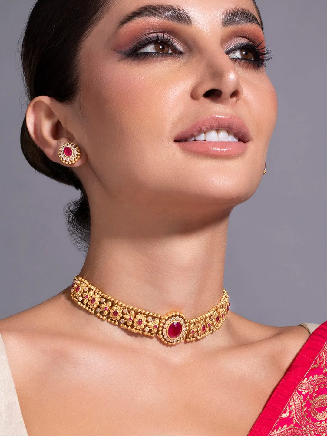 Rubans 24K Gold Plated Handcrafted Ruby & Cubic Zicronia Studded Choker Jewellery Set