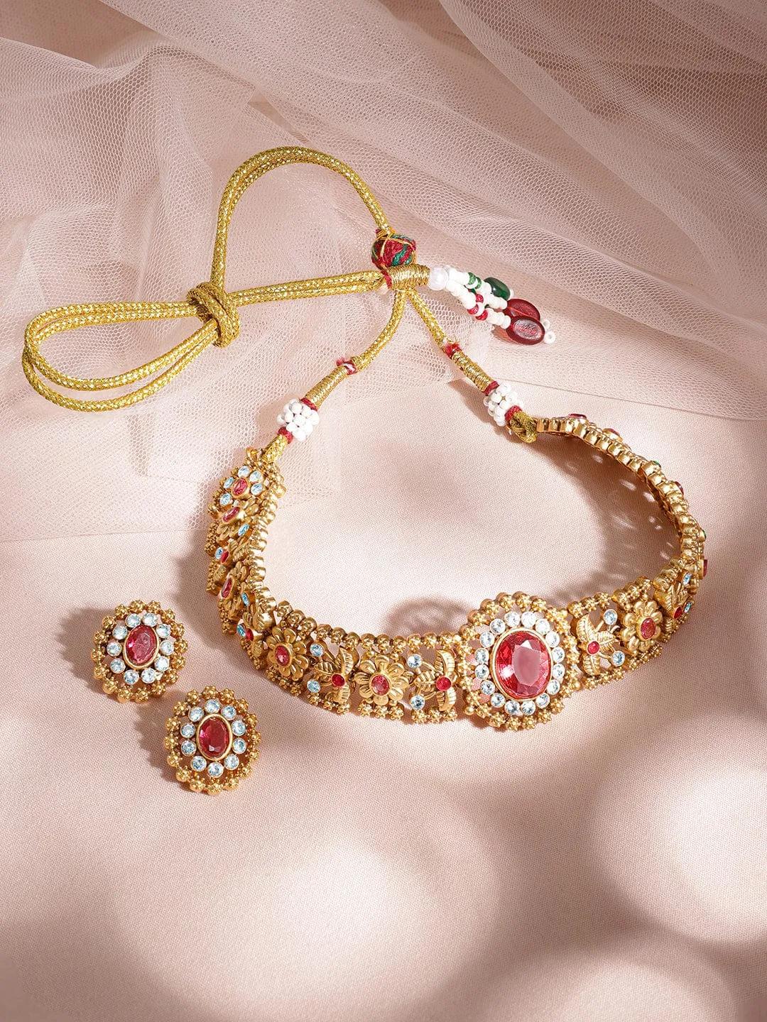 Rubans 24K Gold Plated Handcrafted Ruby & Cubic Zicronia Studded Choker Jewellery Set