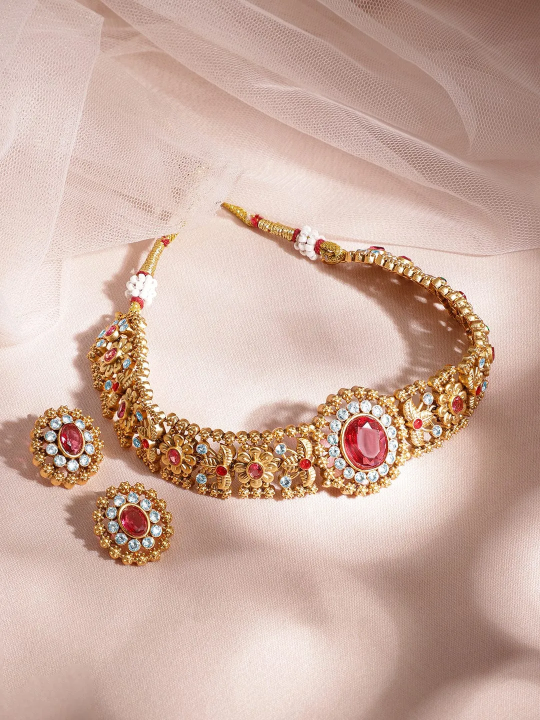 Rubans 24K Gold Plated Handcrafted Ruby & Cubic Zicronia Studded Choker Jewellery Set