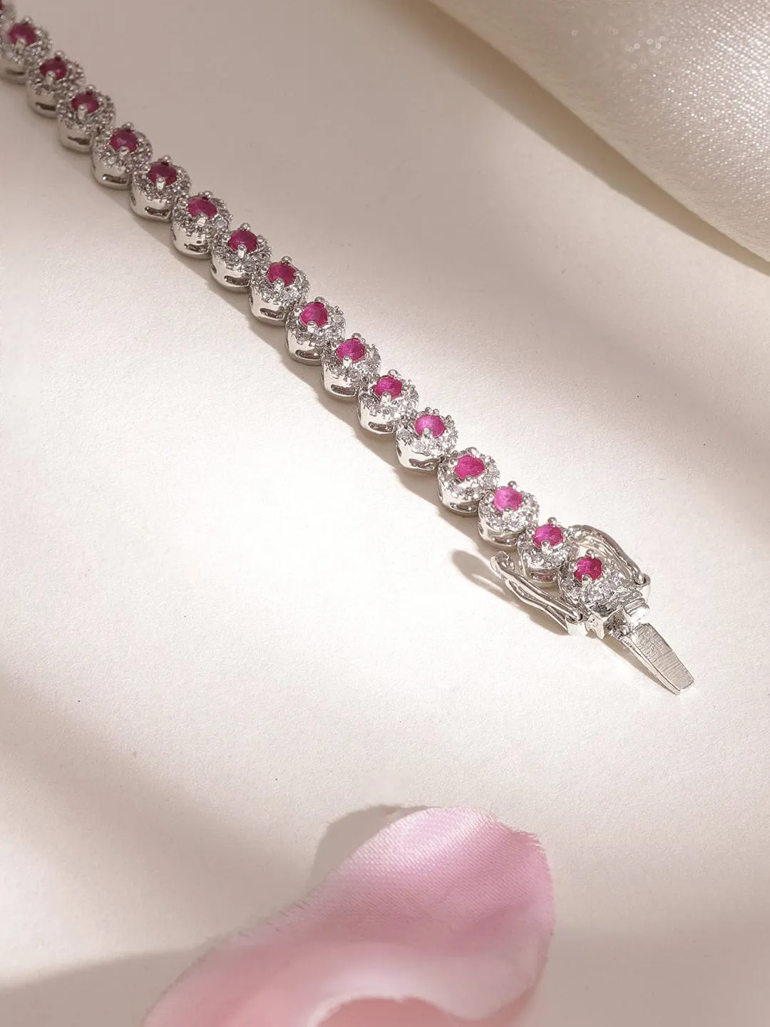 Rubans Rhodium plated Pink Sapphire Crystal Zirconia Chic Demi-Fine Tennis Bracelet