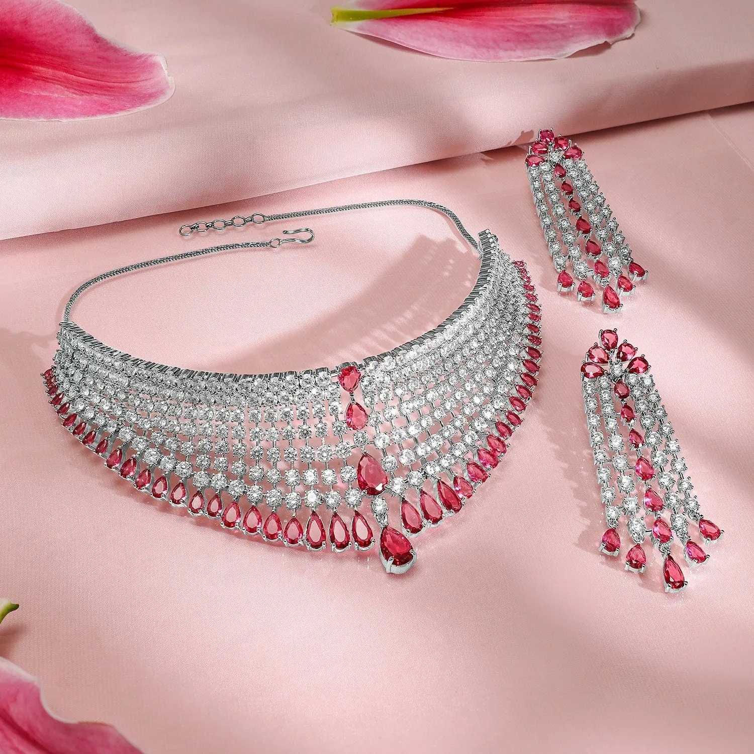 Rubans Rhodium-Plated Ruby & AAA Cubic Zirconia Studded Premium Choker Jewellery Set