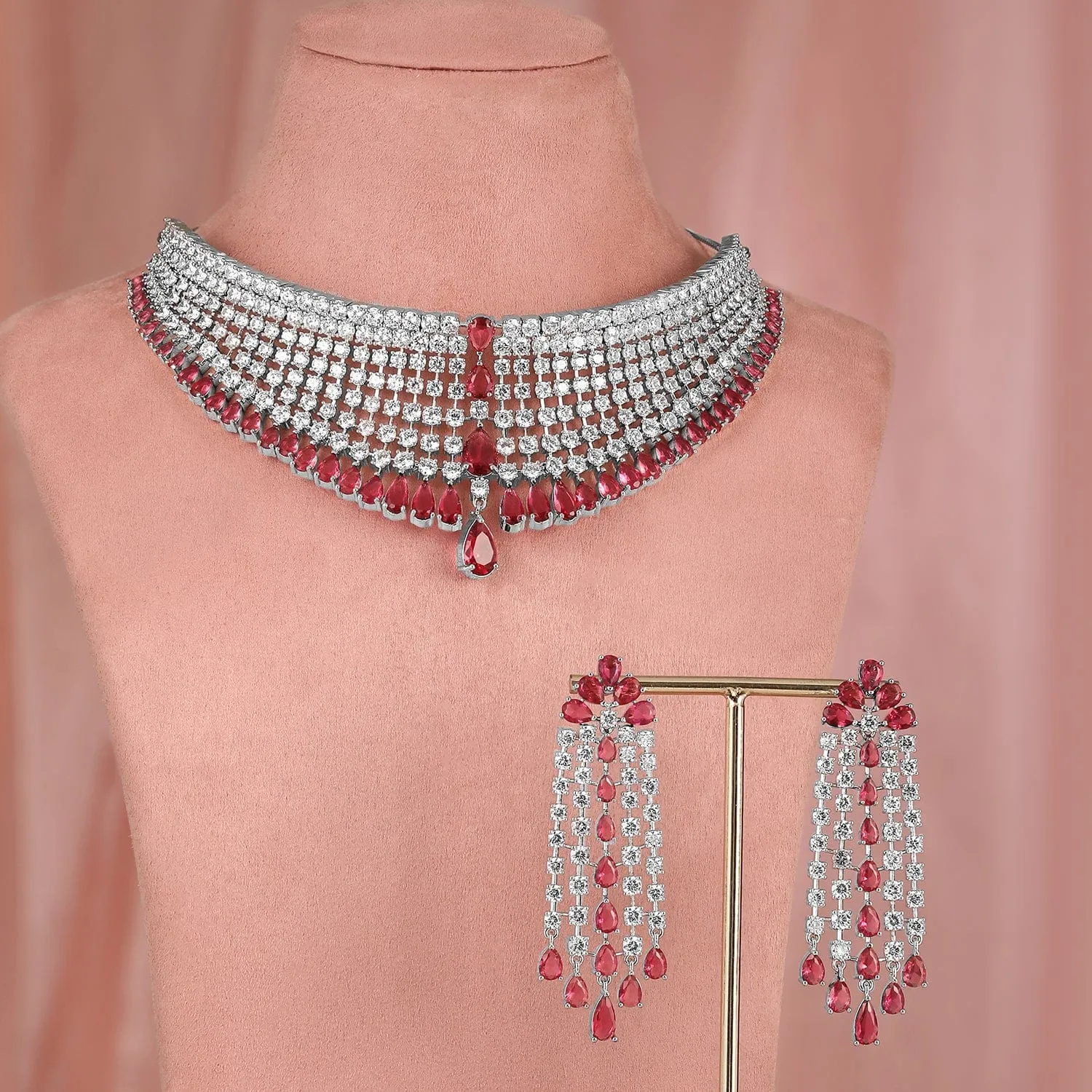 Rubans Rhodium-Plated Ruby & AAA Cubic Zirconia Studded Premium Choker Jewellery Set