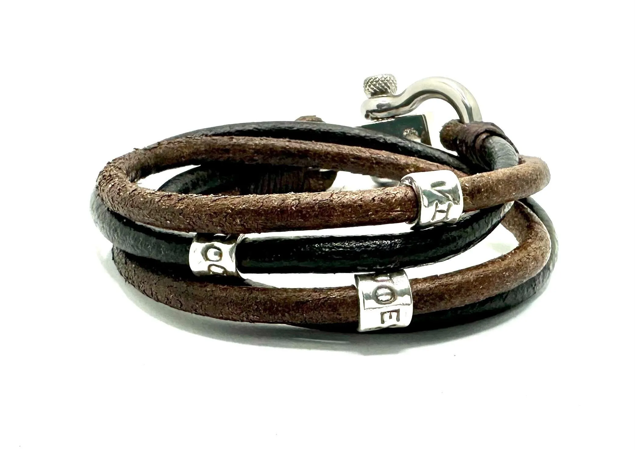 Rugged Look Men Leather Bracelet, Double Wrap Bracelet, Custom Engraved Bead, Footprint Charm