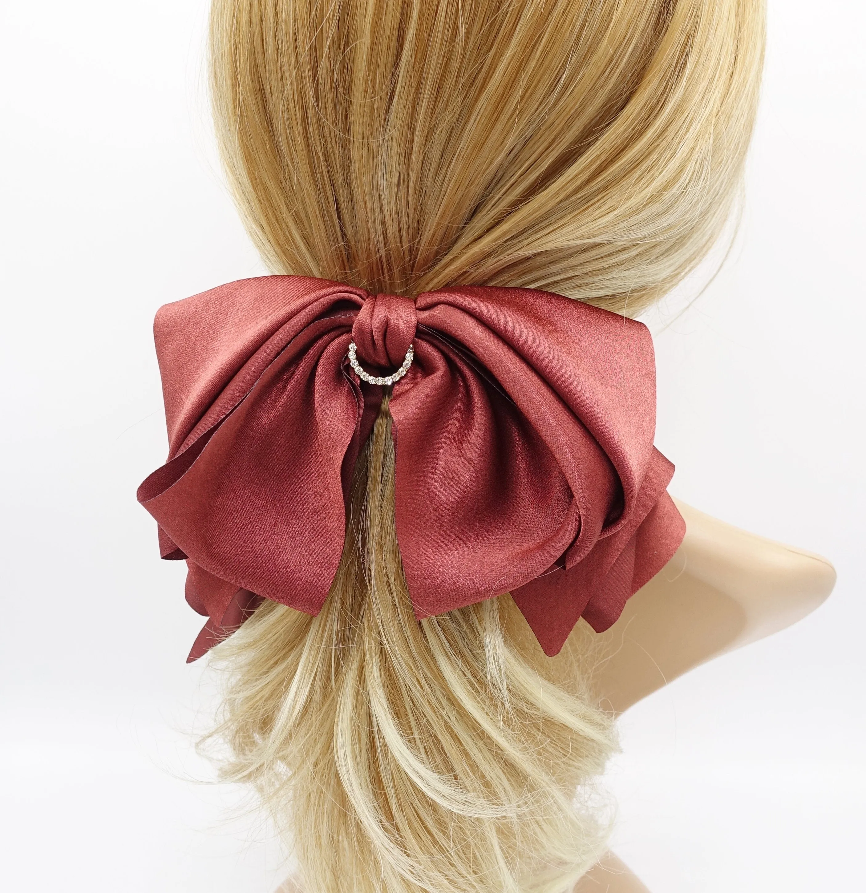 satin hair bow, layered hair bow, rhinestone hair bow for women